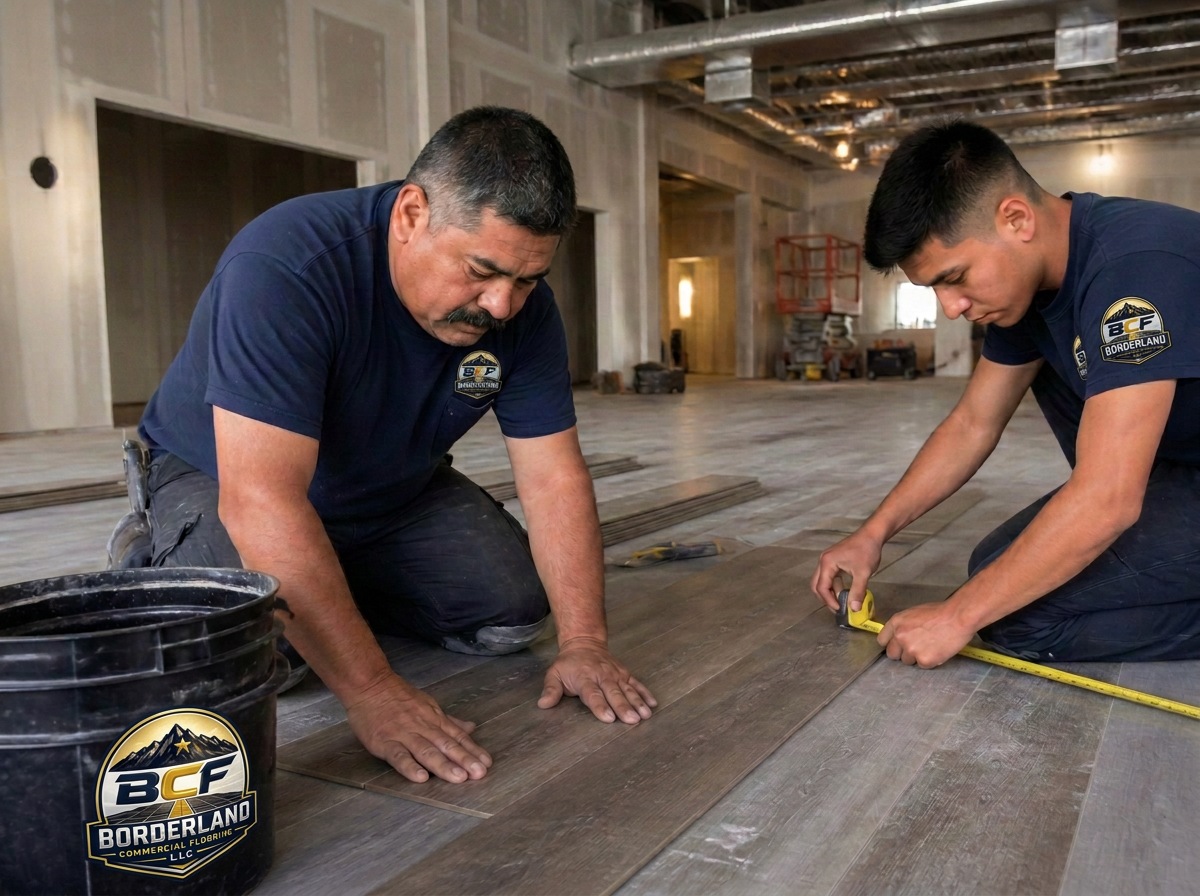 Borderland Commercial Flooring crew in branded BCF shirts installing luxury vinyl plank flooring on a commercial jobsite